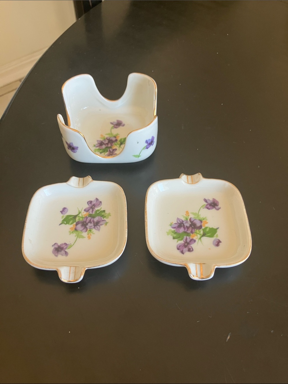 Porcelain Violet Floral Ashtray Set - White with Purple Floral Accent